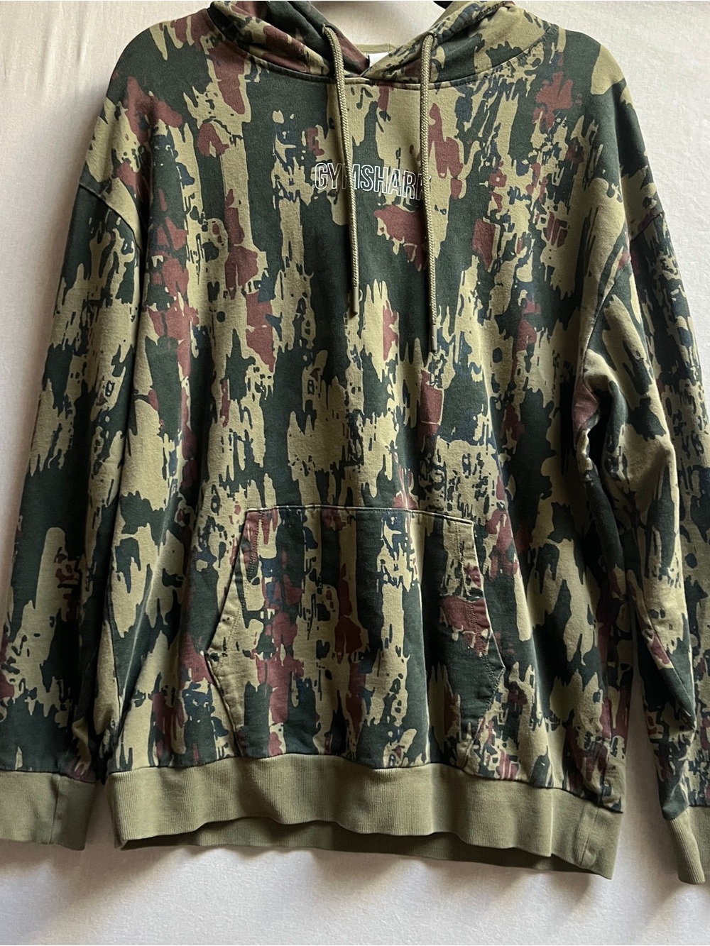 Gymshark Camo Pullover Kangaroo Pocket Hoodie Green Brown - Medium